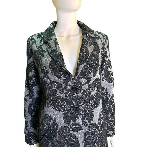 Soft Surroundings Regency Damask Black & Gray Jacquard Floral Long Coat XS EUC - Picture 3 of 7